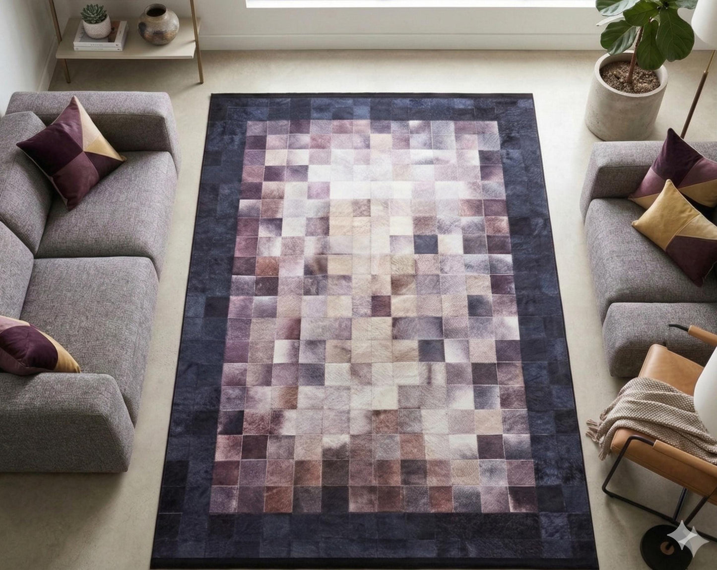 Modern Patchwork Area Rug – Geometric Mosaic Living Room Carpet, Neutral Mauve Beige Floor Rug