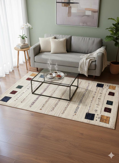 Cream Tribal Area Rug | Modern Gabbeh Geometric Polyester Rug (5x8 ft)