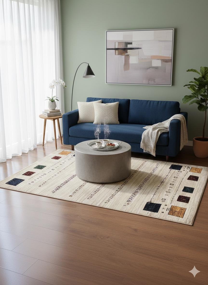 Cream Tribal Area Rug | Modern Gabbeh Geometric Polyester Rug (5x8 ft)