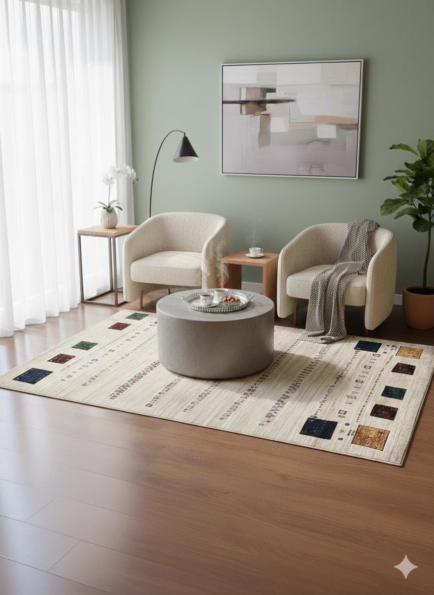 Cream Tribal Area Rug | Modern Gabbeh Geometric Polyester Rug (5x8 ft)