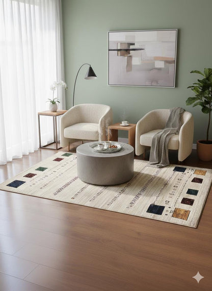 Cream Tribal Area Rug | Modern Gabbeh Geometric Polyester Rug (5x8 ft)
