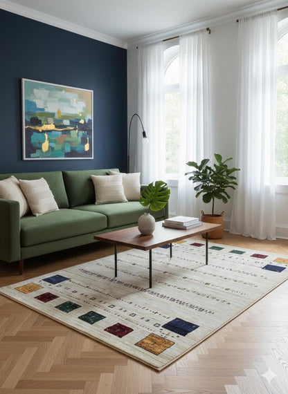 Cream Tribal Area Rug | Modern Gabbeh Geometric Polyester Rug (5x8 ft)