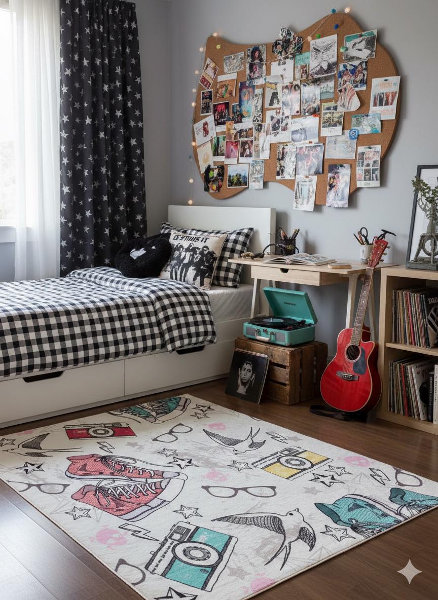 Retro Sneaker & Camera Area Rug | 5x8 Teen Room Decor