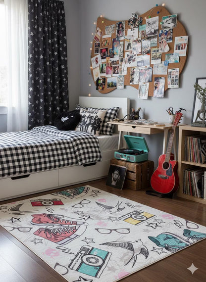 Retro Sneaker & Camera Area Rug | 5x8 Teen Room Decor