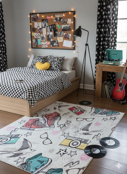 Retro Sneaker & Camera Area Rug | 5x8 Teen Room Decor