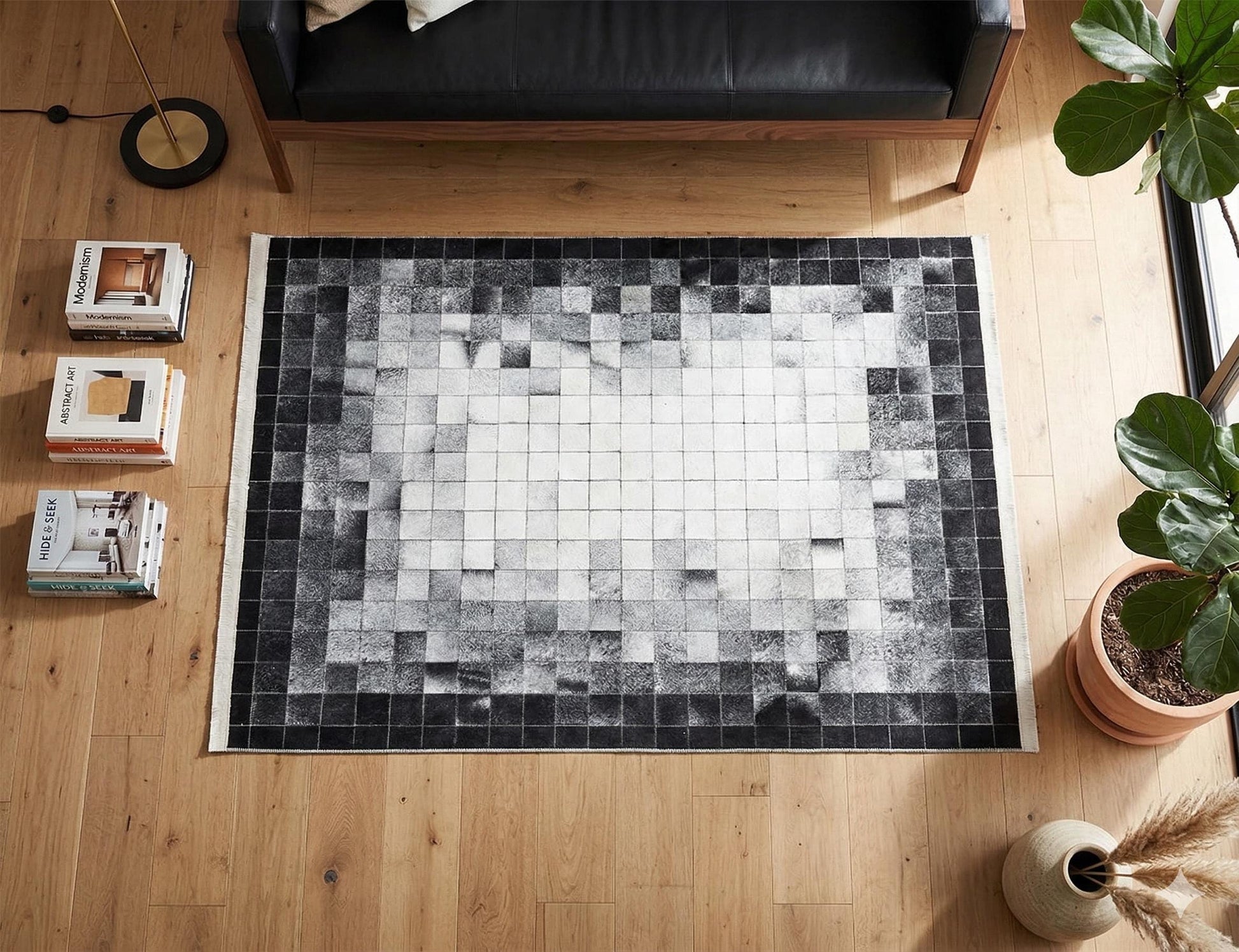 Modern Geometric Area Rug, Black White Pixel Pattern, Washable Scandinavian Carpet