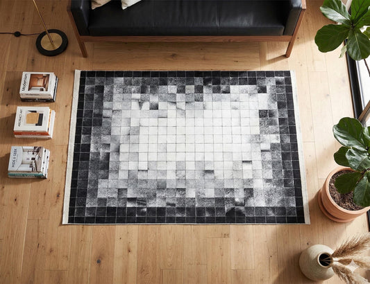 Modern Geometric Area Rug, Black White Pixel Pattern, Washable Scandinavian Carpet