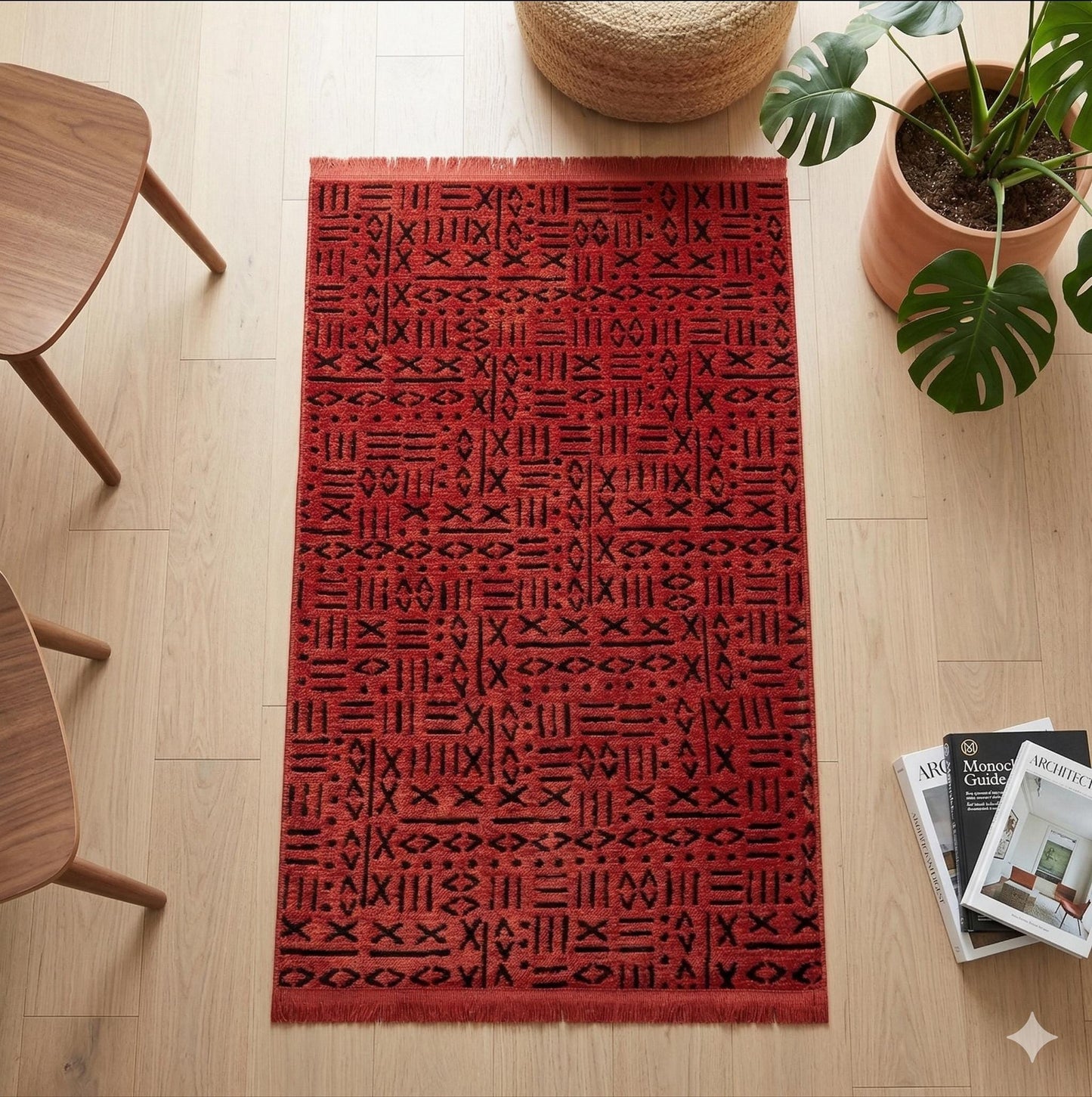 Red Tribal Geometric Rug, Boho Southwestern Accent Carpet, Scandinavian Decor Floor Rug