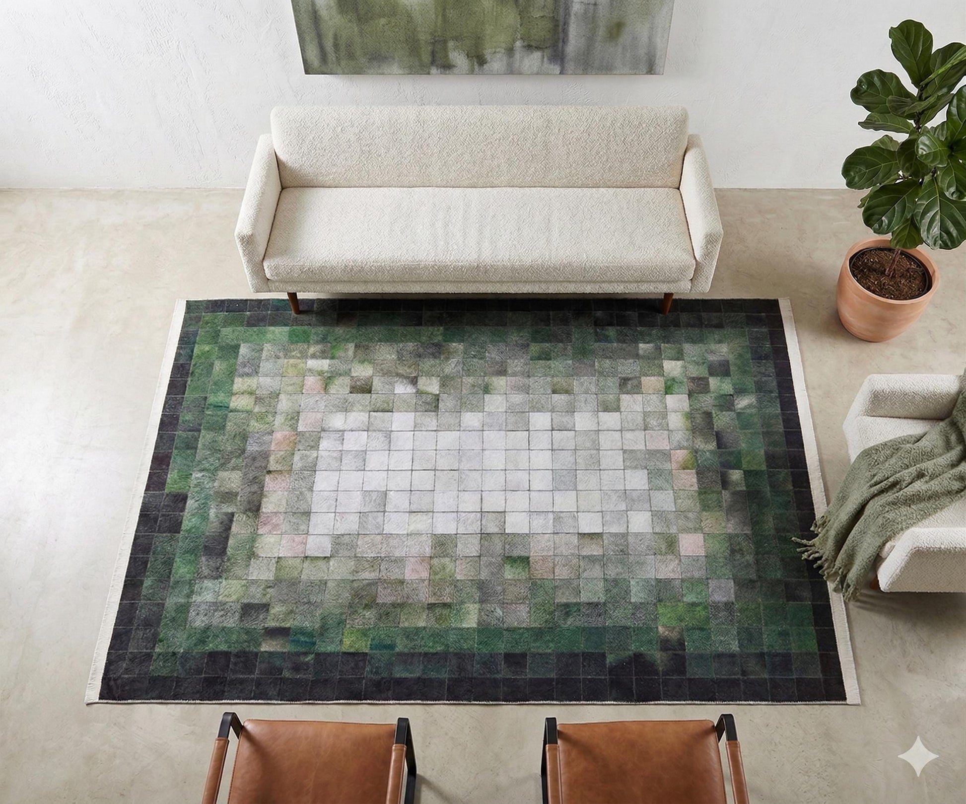 Green Pixel Mosaic Area Rug, Washable Abstract Gradient Carpet, Modern Living Room Floor Rug