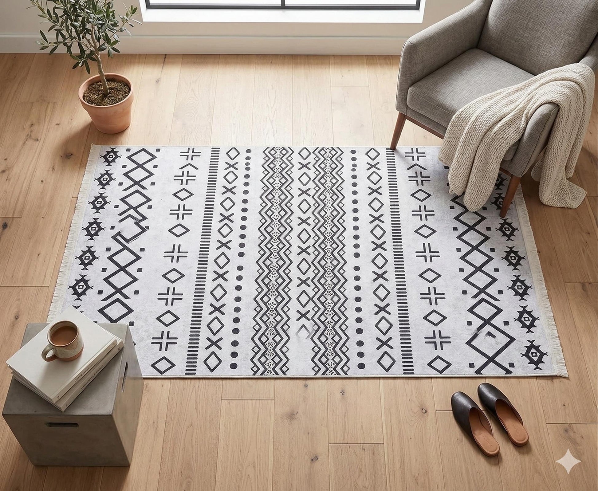 Washable Boho Geometric Rug, Scandinavian Tribal Carpet, Black Ivory Nordic Area Rug