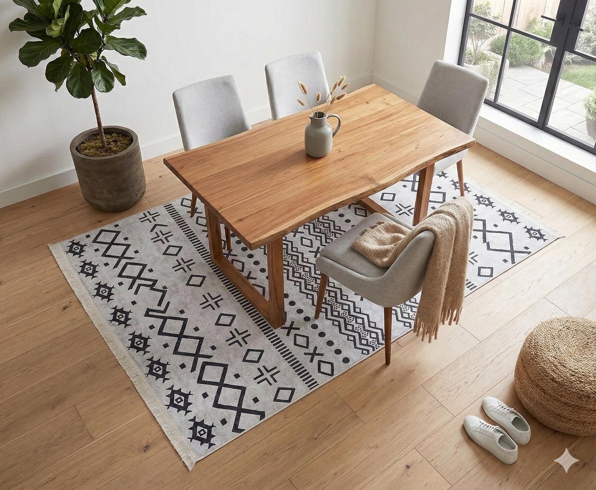Washable Boho Geometric Rug, Scandinavian Tribal Carpet, Black Ivory Nordic Area Rug