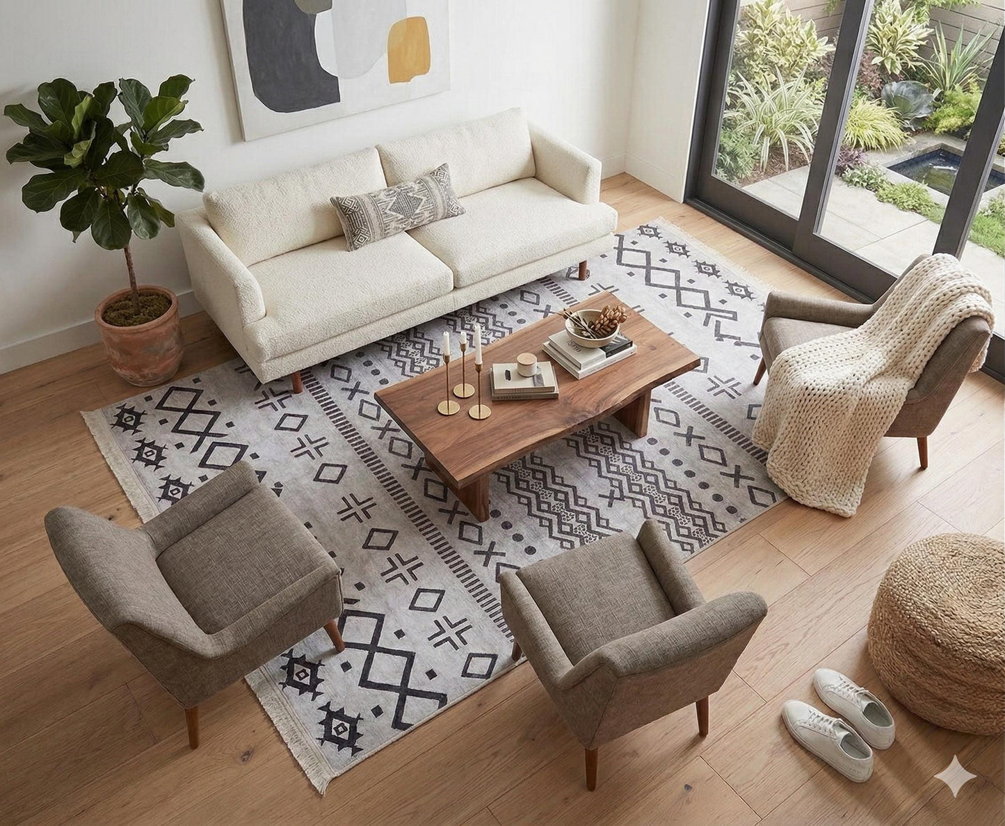 Washable Boho Geometric Rug, Scandinavian Tribal Carpet, Black Ivory Nordic Area Rug