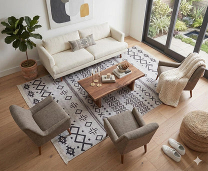Washable Boho Geometric Rug, Scandinavian Tribal Carpet, Black Ivory Nordic Area Rug