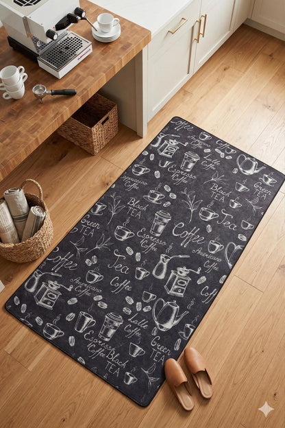 Chalkboard Coffee Kitchen Rug, Non-Slip Runner, Farmhouse Espresso Decor