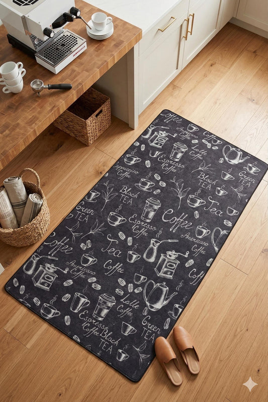 Chalkboard Coffee Kitchen Rug, Non-Slip Runner, Farmhouse Espresso Decor