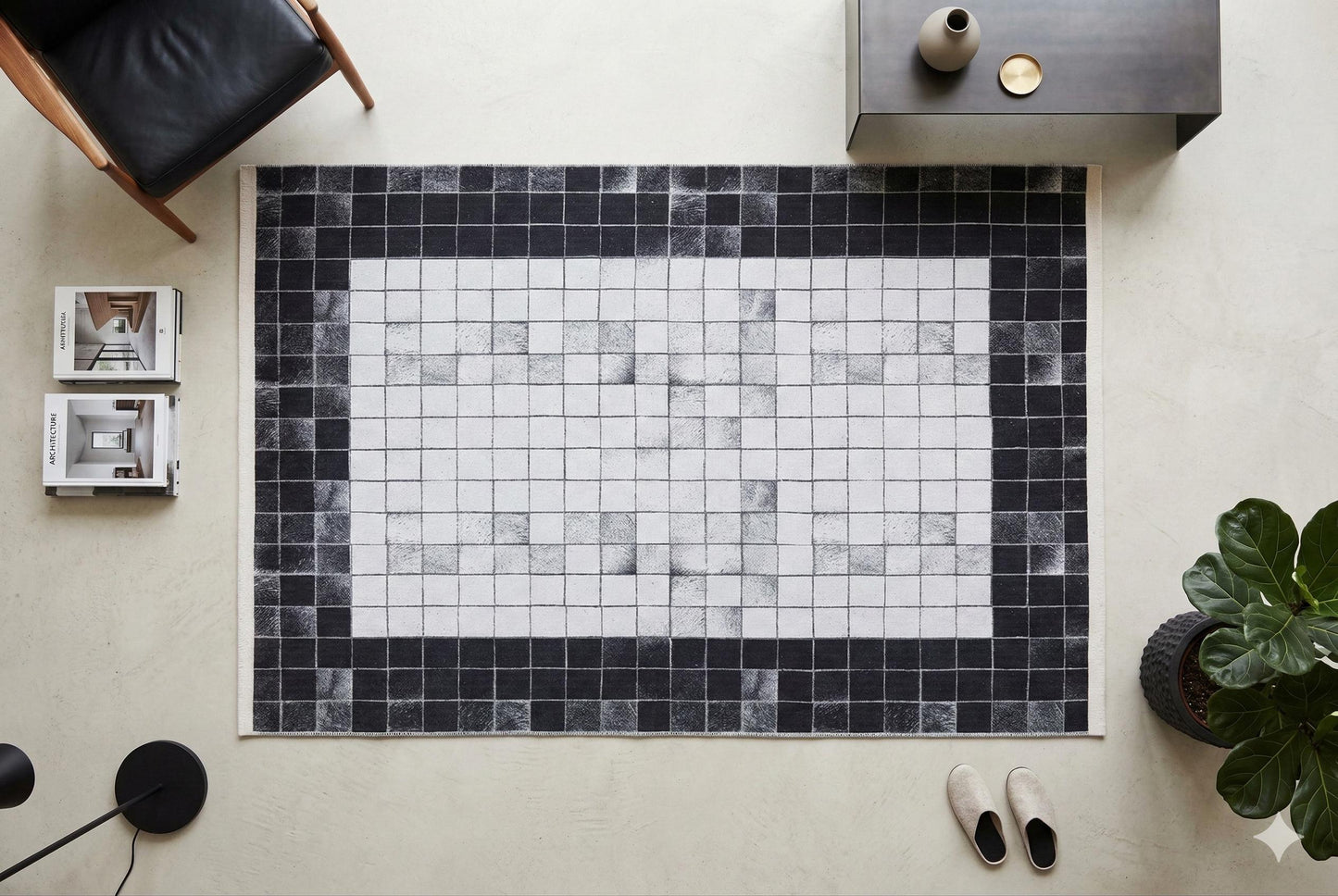 Black White Geometric Washable Rug, Minimalist Checkered Carpet, Scandinavian Floor Decor