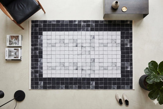 Black White Geometric Washable Rug, Minimalist Checkered Carpet, Scandinavian Floor Decor