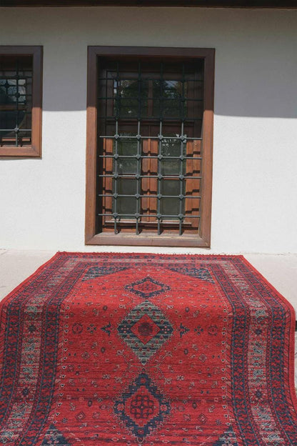 Red & Blue Washable oriental Afghan Rug: Vintage Farmhouse Style