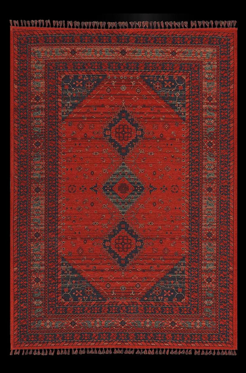 Red & Blue Washable oriental Afghan Rug: Vintage Farmhouse Style