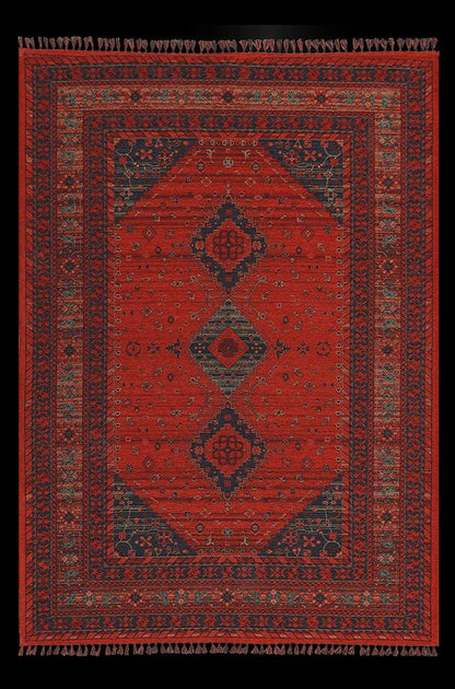 Red & Blue Washable oriental Afghan Rug: Vintage Farmhouse Style