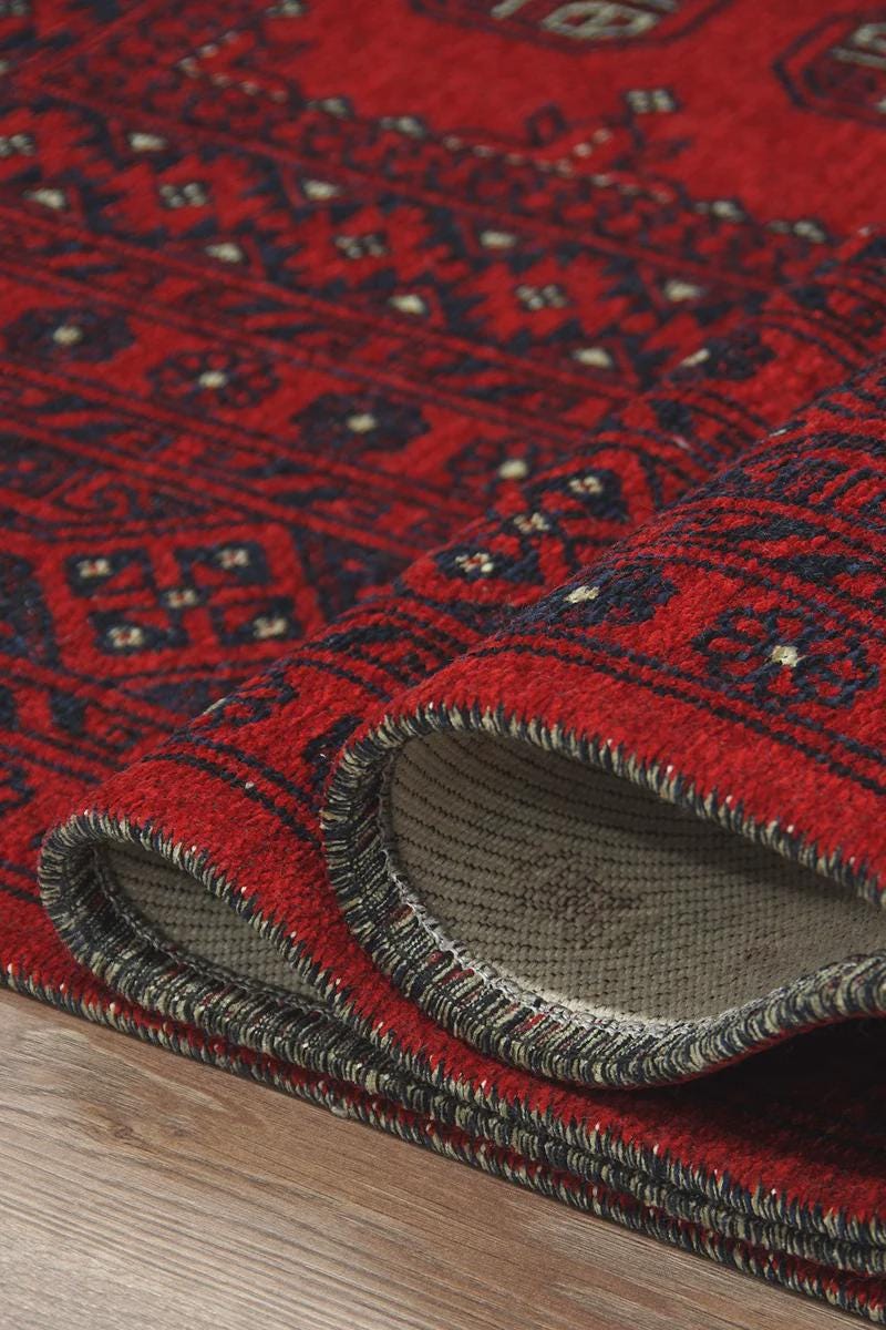 Red & Blue Washable oriental Afghan Rug: Vintage Farmhouse Style