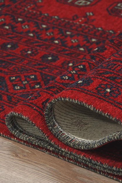 Red & Blue Washable oriental Afghan Rug: Vintage Farmhouse Style