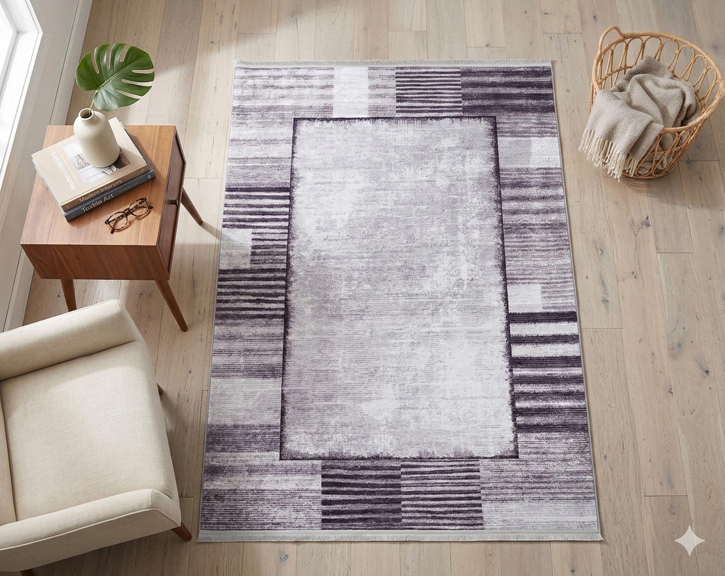 Modern Geometric Abstract Area Rug, Washable Beige Gray Carpet