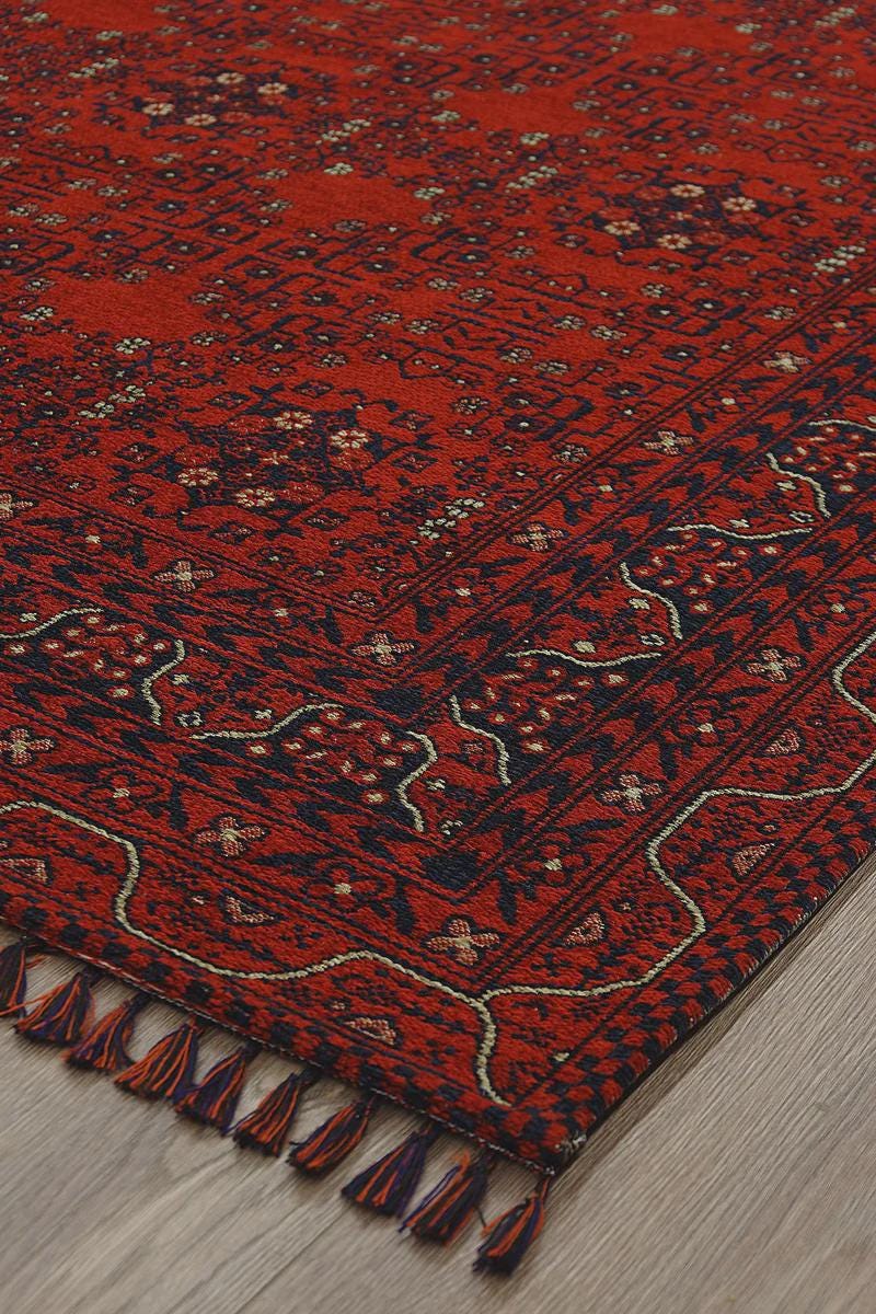 Red & Blue Washable oriental Afghan Rug: Vintage Farmhouse Style