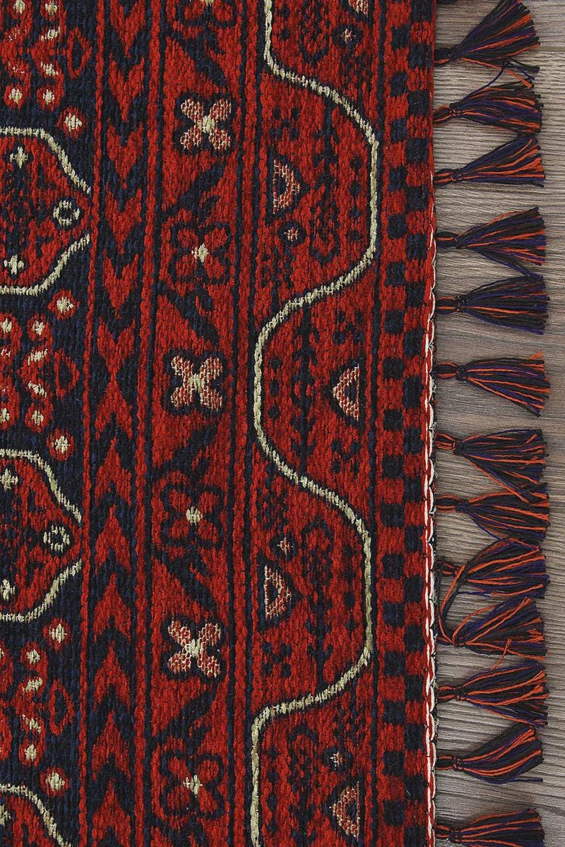 Red & Blue Washable oriental Afghan Rug: Vintage Farmhouse Style
