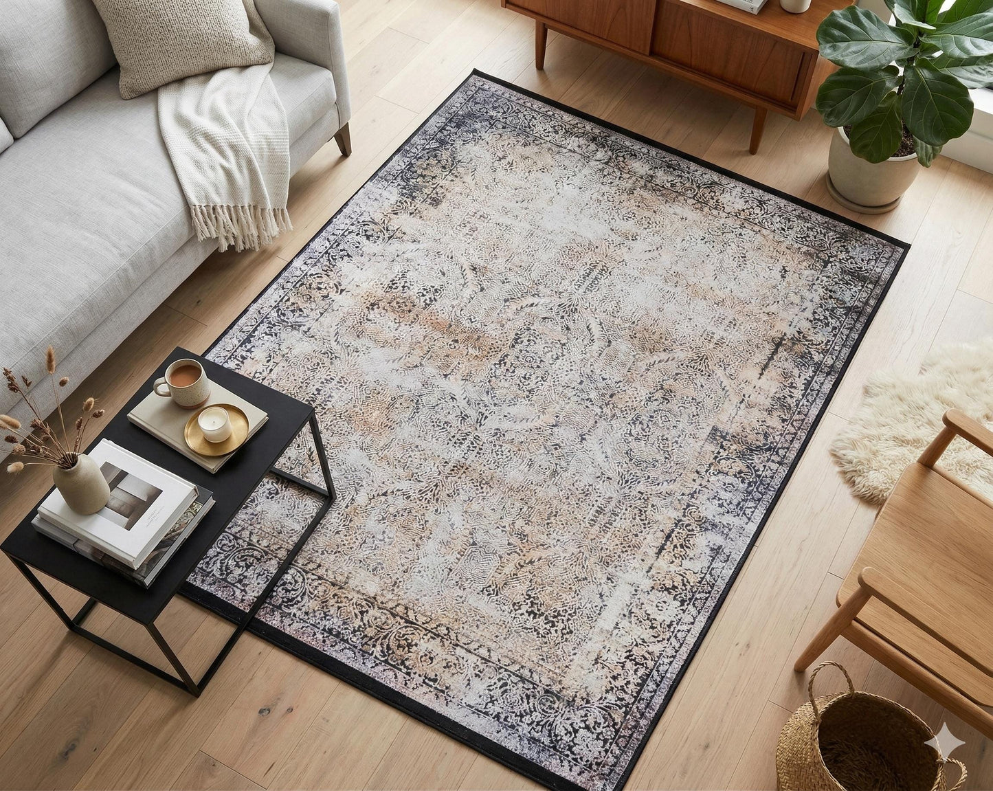 Distressed Persian Style Area Rug, Machine Washable Neutral Living Room Carpet