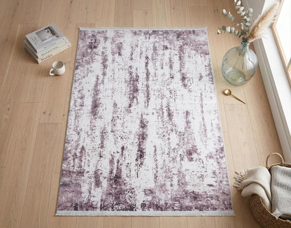 Washable Lavender Abstract Area Rug, Modern Distressed Purple Carpet (Machine Washable)