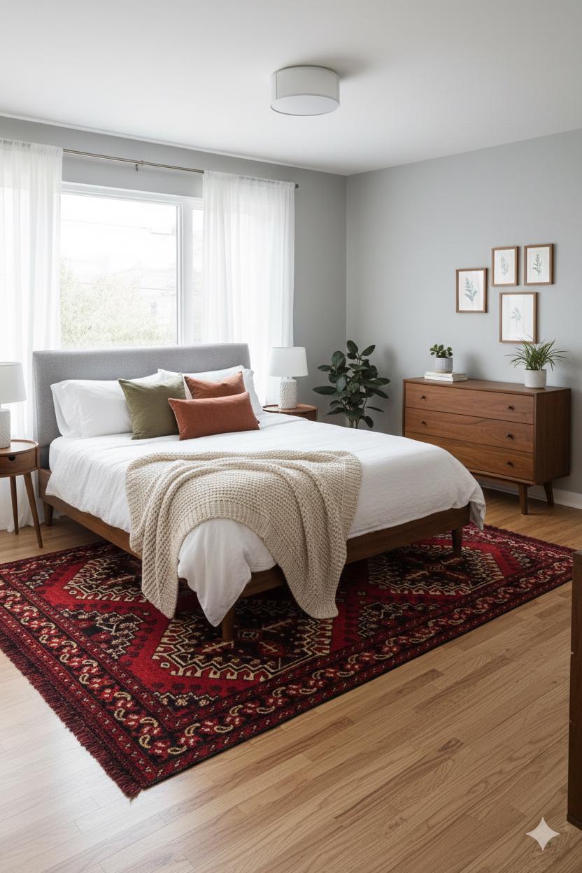 Red & Blue Washable oriental Afghan Rug: Vintage Farmhouse Style