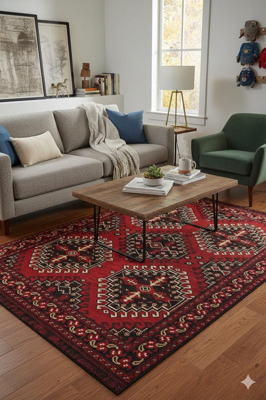 Red & Blue Washable oriental Afghan Rug: Vintage Farmhouse Style