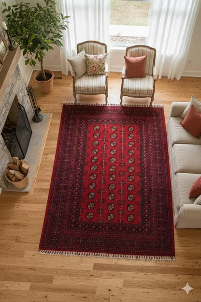 Red & Blue Washable oriental Afghan Rug: Vintage Farmhouse Style