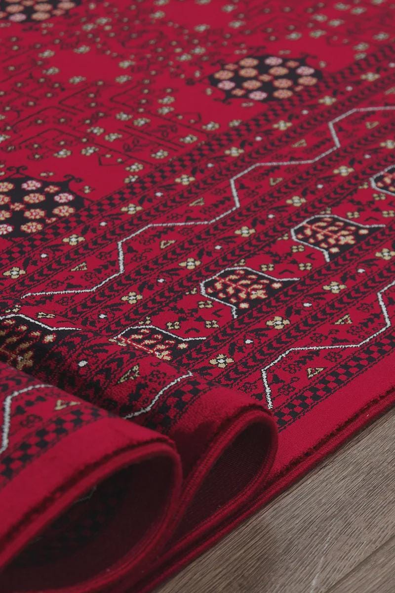 Traditional Red Bokhara Area Rug – Silk-Feel Viscose Oriental Carpet