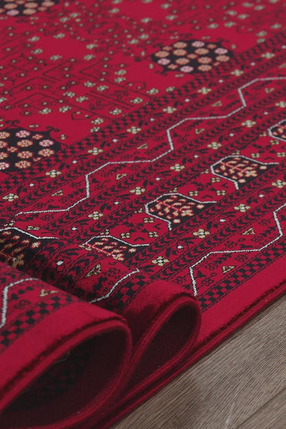 Traditional Red Bokhara Area Rug – Silk-Feel Viscose Oriental Carpet
