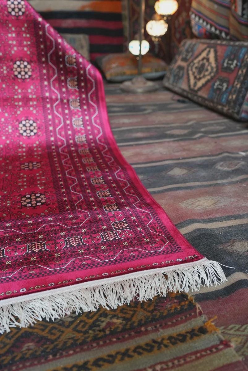 Traditional Red Bokhara Area Rug – Silk-Feel Viscose Oriental Carpet