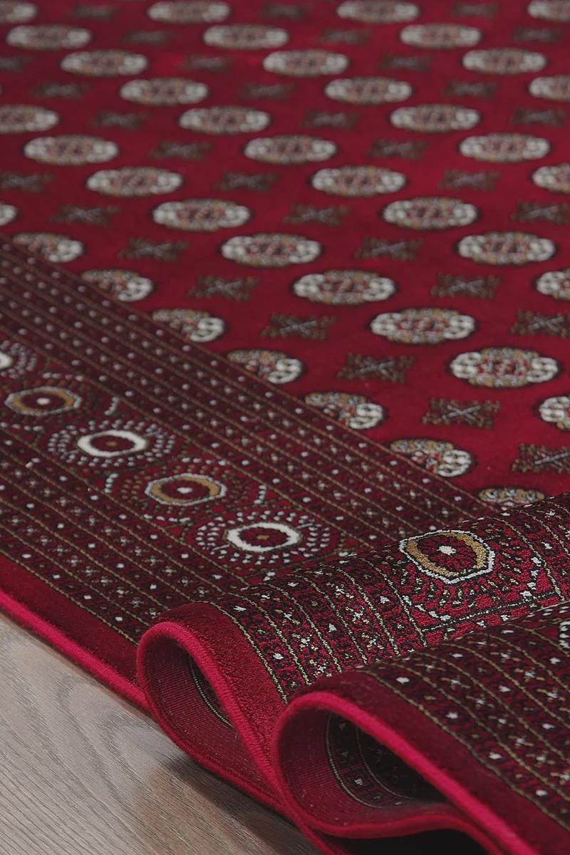 Traditional Red Bokhara Area Rug – Silk-Feel Viscose Carpet, Oriental Medallion Design