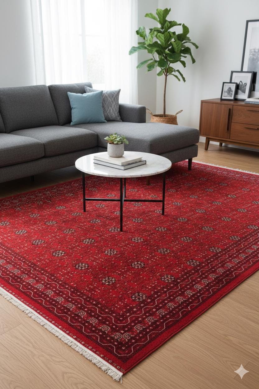 Traditional Red Bokhara Area Rug – Silk-Feel Viscose Oriental Carpet