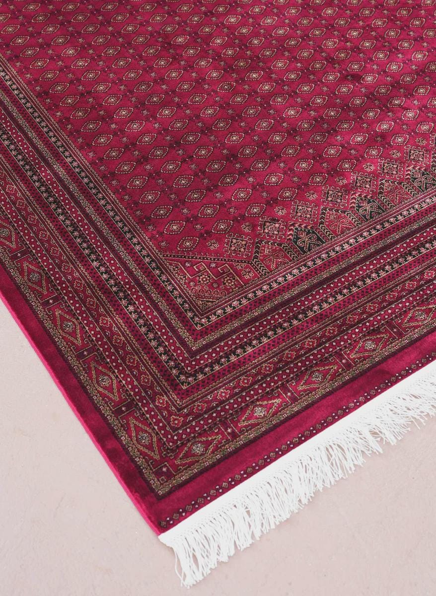 Red Bokhara Area Rug – Silk-Feel Viscose Oriental Carpet