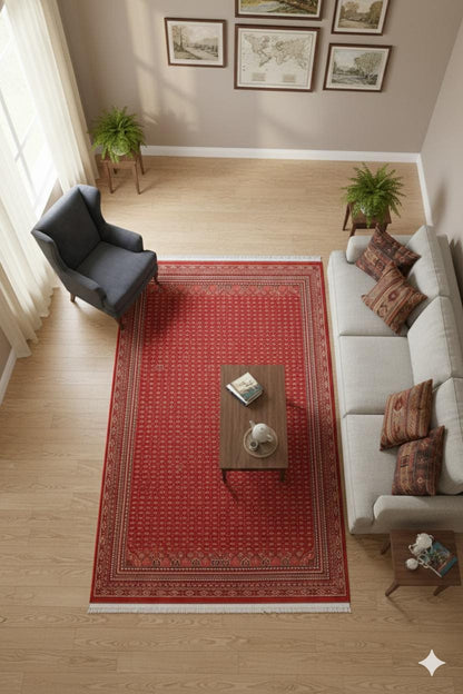 Red Bokhara Area Rug – Silk-Feel Viscose Oriental Carpet