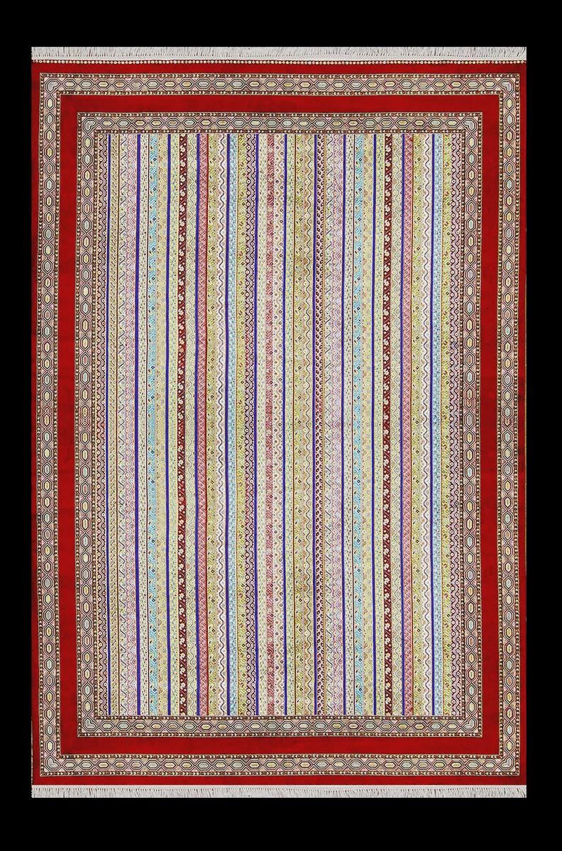 Red Striped Area Rug – Silk-Feel Viscose Oriental Carpet