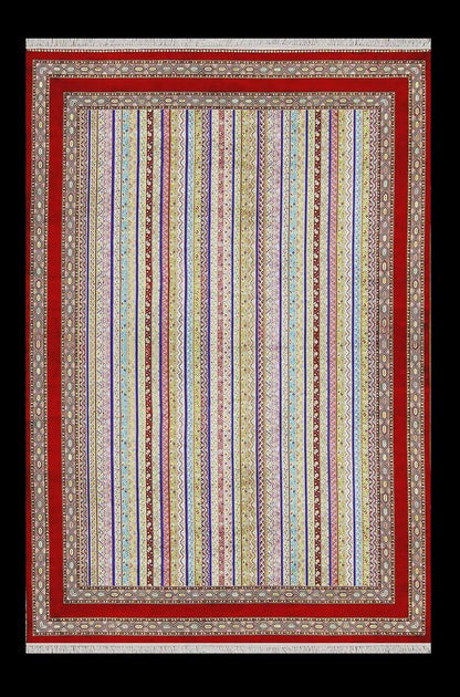 Red Striped Area Rug – Silk-Feel Viscose Oriental Carpet