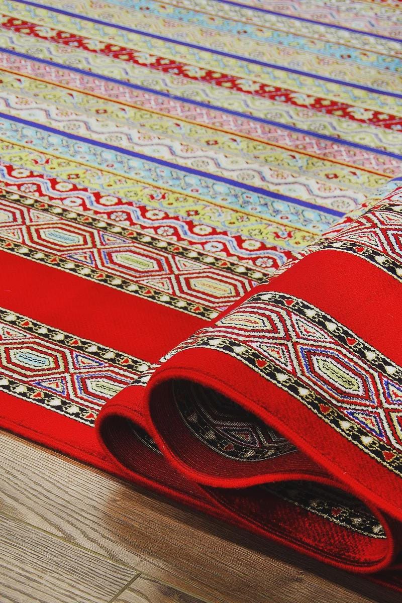 Red Striped Area Rug – Silk-Feel Viscose Oriental Carpet