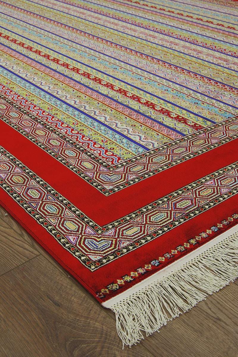 Red Striped Area Rug – Silk-Feel Viscose Oriental Carpet