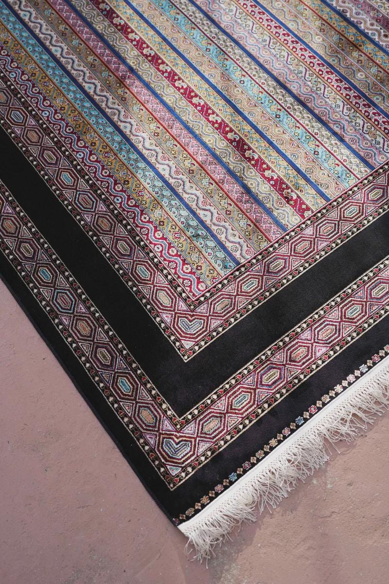 Black striped Area Rug – Silk-Feel Viscose Oriental Carpet