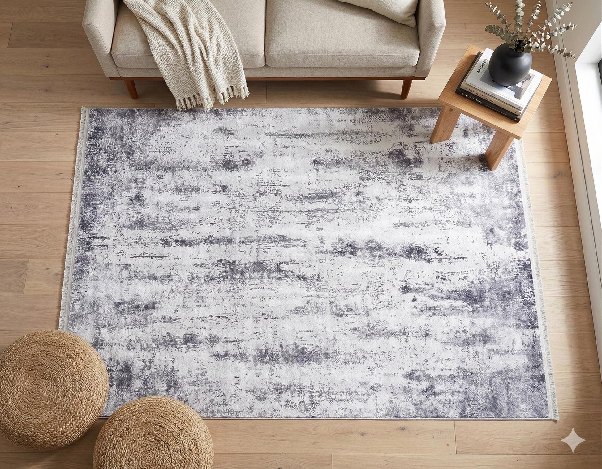 Modern Geometric Area Rug, Gray White Living Room Carpet, Washable Neutral Textured Mat