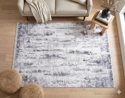 Modern Geometric Area Rug, Gray White Living Room Carpet, Washable Neutral Textured Mat