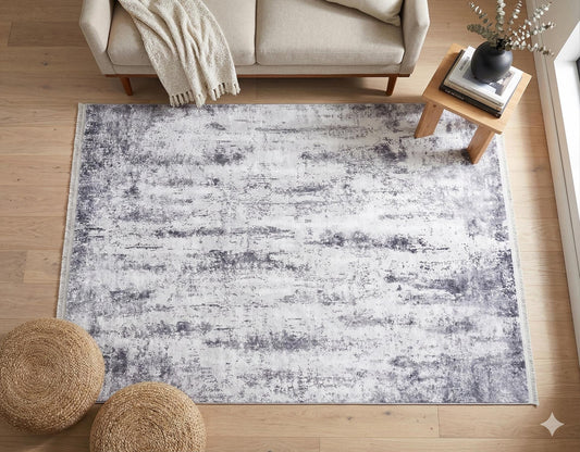 Modern Geometric Area Rug, Gray White Living Room Carpet, Washable Neutral Textured Mat