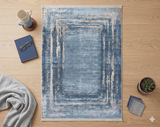 Distressed Blue Abstract Area Rug – Coastal Washable Carpet, Kid/Pet Friendly